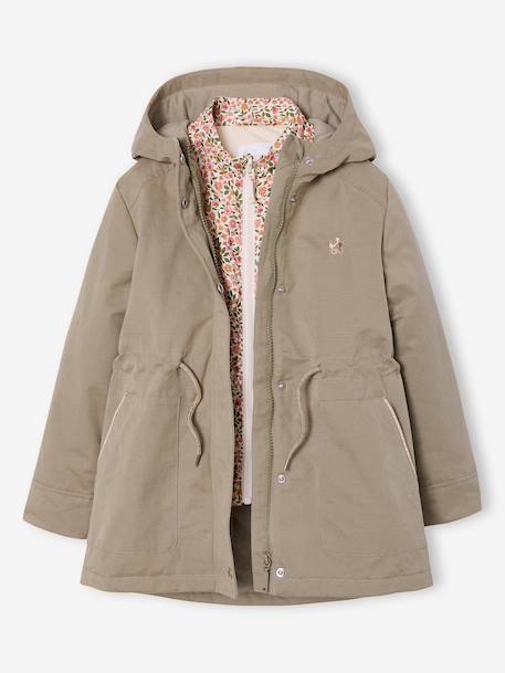 Girl's 3-in-1 parka and floral print windcheater khaki 