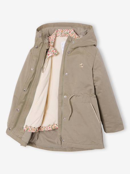 Girl's 3-in-1 parka and floral print windcheater khaki 