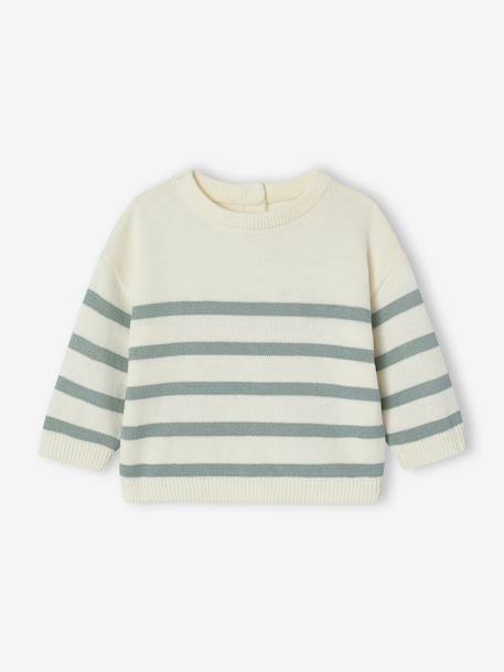 Striped knitted baby jumper caramel+navy blue+sage green 