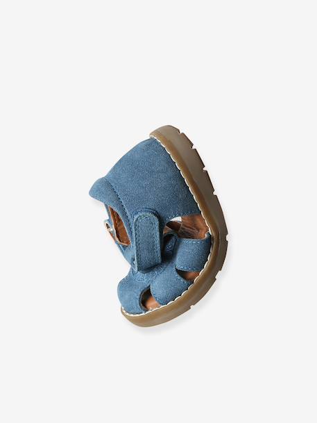 Leather Sandals with Hook-&-Loop Fastenings, for Babies denim blue+sandy beige 