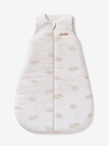 Sleeveless baby sleeping bag with central opening, customisable, IN THE CLOUDS printed white 