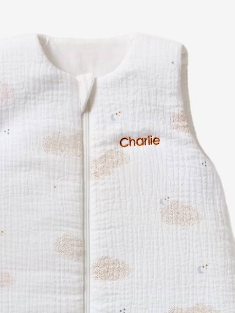 Sleeveless baby sleeping bag with central opening, customisable, IN THE CLOUDS printed white 