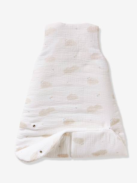 Sleeveless baby sleeping bag with central opening, customisable, IN THE CLOUDS printed white 