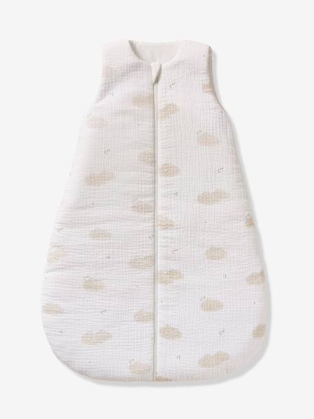 Sleeveless baby sleeping bag with central opening, customisable, IN THE CLOUDS printed white 