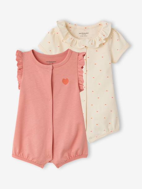 Pack of 2 organic cotton baby girl playsuits ecru 