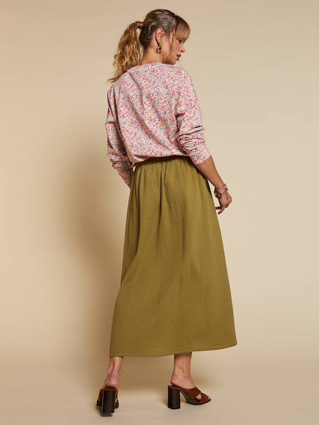 Long cotton gauze skirt olive 