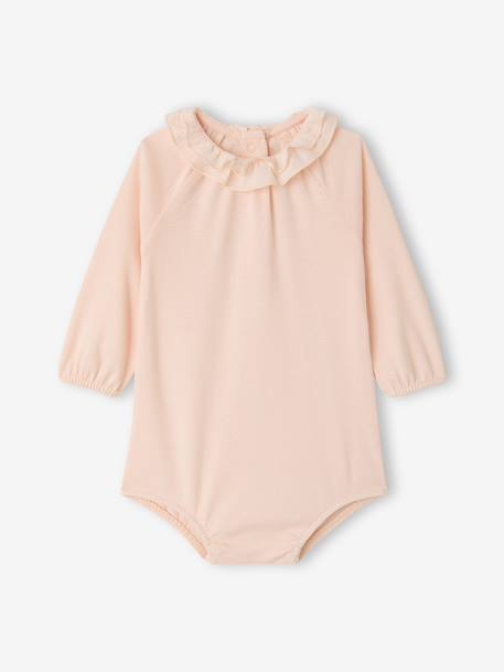 Baby girl bodysuit with frilled collar and long sleeves pale pink 