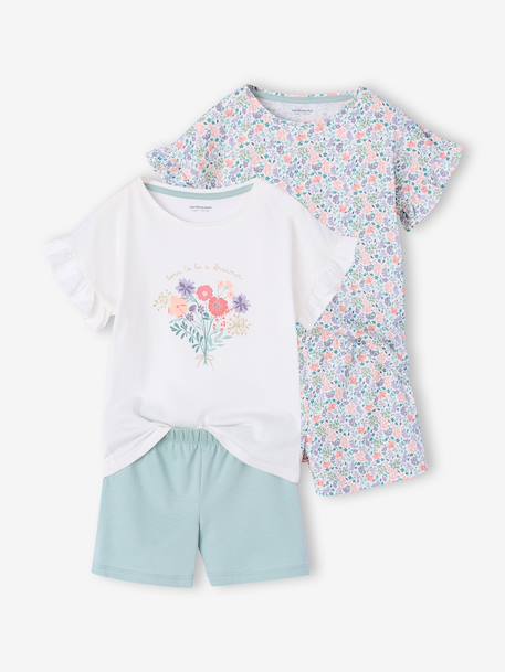 Pack of 2 girls' short-sleeved cotton pyjama shorts ecru 