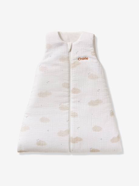 Sleeveless baby sleeping bag with central opening, customisable, IN THE CLOUDS printed white 