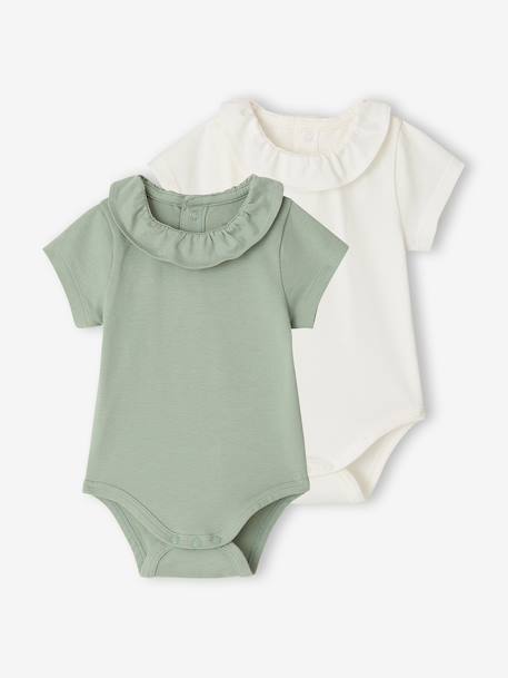 Pack of 2 Short-Sleeved Bodysuits with Fancy Collar, for Babies coral+sage green 