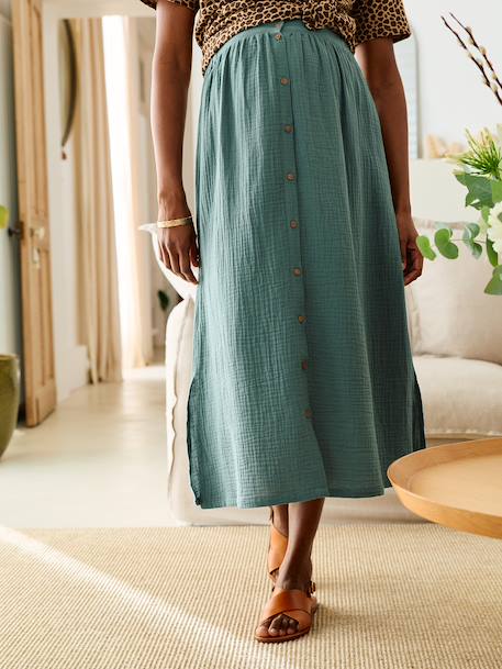 Long Skirt in Cotton Gauze for Maternity BROWN LIGHT SOLID+emerald green+slate blue 