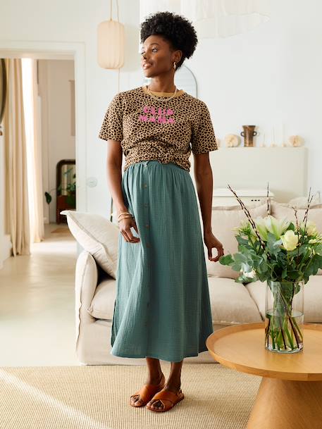 Long Skirt in Cotton Gauze for Maternity BROWN LIGHT SOLID+emerald green+slate blue 