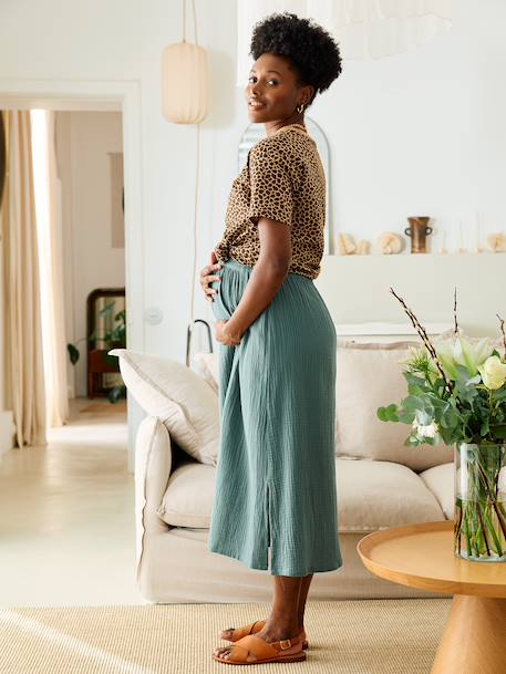 Long Skirt in Cotton Gauze for Maternity BROWN LIGHT SOLID+emerald green+slate blue 
