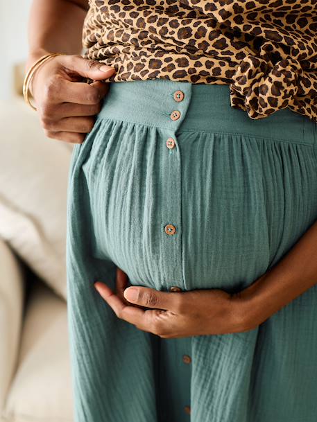 Long Skirt in Cotton Gauze for Maternity BROWN LIGHT SOLID+emerald green+slate blue 