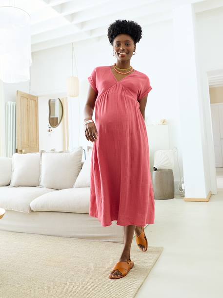 Long maternity and nursing dress grey blue+rose 