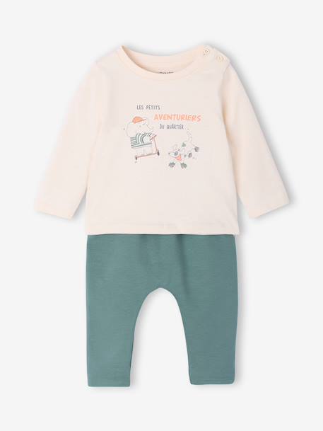 Top & Fleece Trouser Combo for Babies BROWN MEDIUM SOLID+peacock blue 