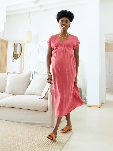 Long maternity and nursing dress grey blue+rose 