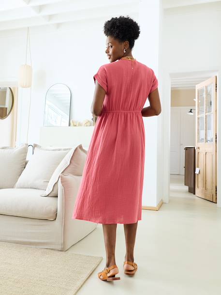 Long maternity and nursing dress grey blue+rose 
