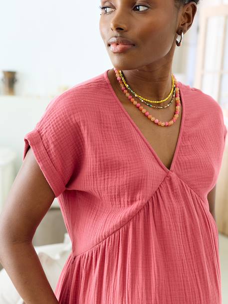 Long maternity and nursing dress grey blue+rose 