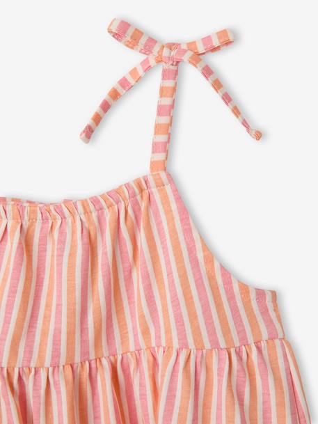 Baby girl's organic cotton dress with braces beige+striped pink 