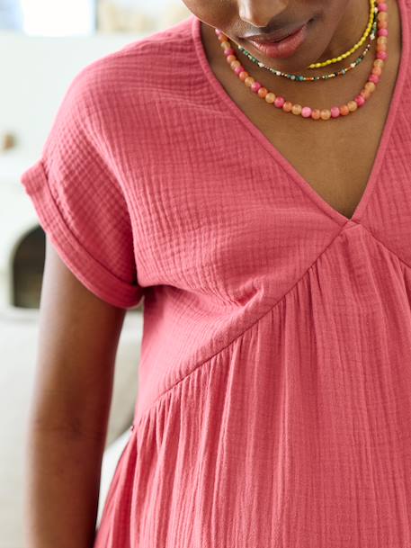 Long maternity and nursing dress grey blue+rose 