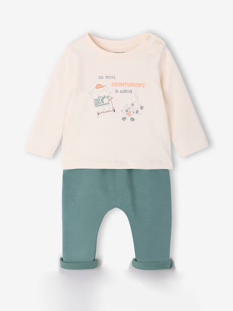 Top & Fleece Trouser Combo for Babies BROWN MEDIUM SOLID+peacock blue 