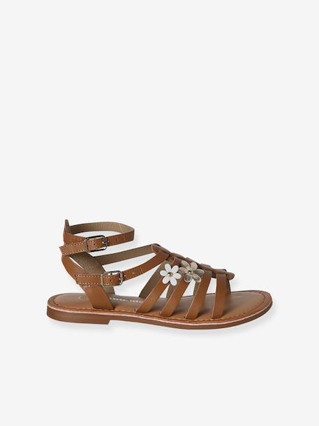 Girls' leather gladiator sandals with buckles camel 