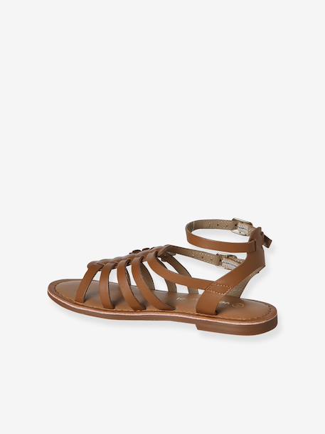 Girls' leather gladiator sandals with buckles camel 