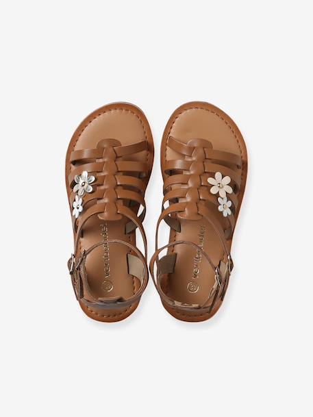 Girls' leather gladiator sandals with buckles camel 