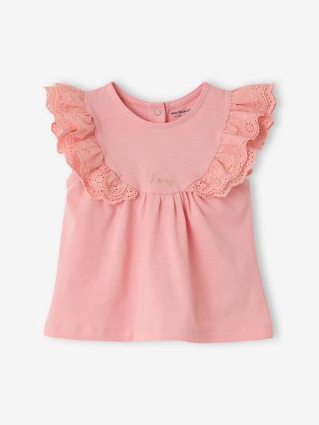 Baby Girls’ Broderie Anglaise Cotton T-Shirt ecru+rose 