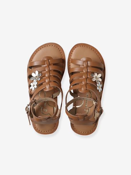 Leather gladiator sandals with buckles for girls camel 