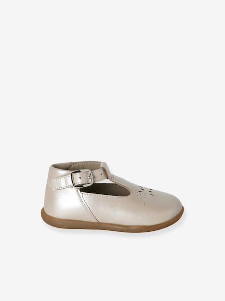 Baby girl's leather Mary Janes with buckle iridescent beige+white 