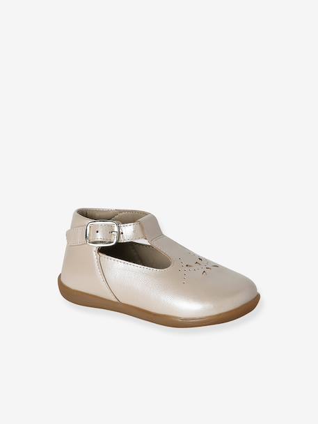 Baby girl's leather Mary Janes with buckle iridescent beige+white 