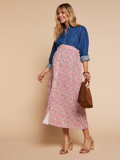 Long skirt with elasticated waist and floral pattern multicoloured 