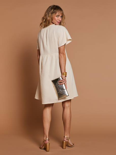 Cotton gauze dress with embroidered details sandy beige 