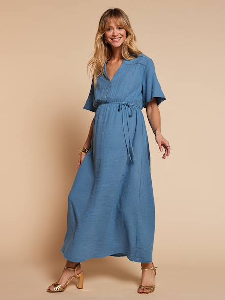 Long nursing clothes dress denim blue 