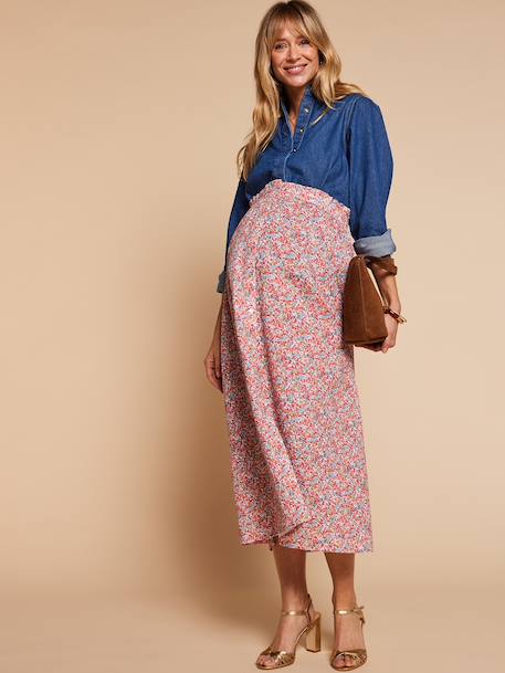 Long skirt with elasticated waist and floral pattern multicoloured 