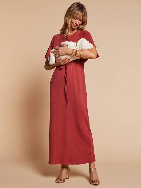 Long nursing clothes dress khaki+terracotta 