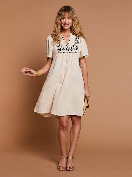 Cotton gauze dress with embroidered details sandy beige 