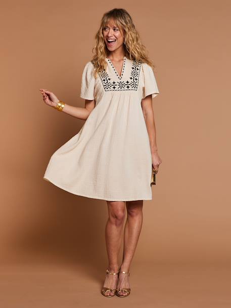 Cotton gauze dress with embroidered details sandy beige 