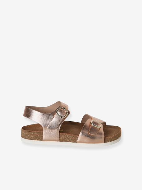 Leather sandals with double buckles gold+pale pink 