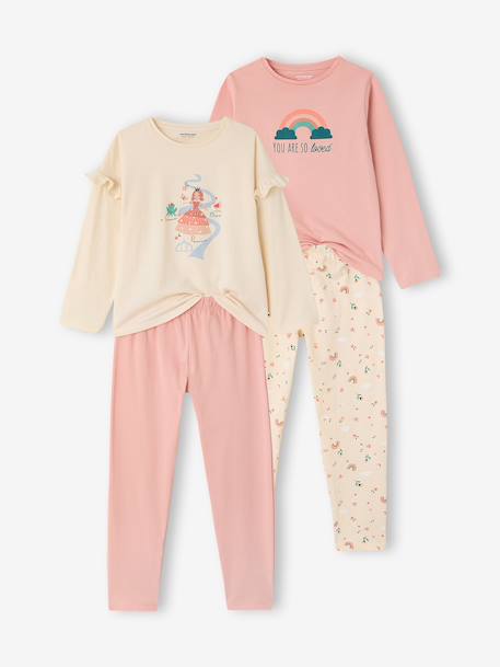 Pack of 2 girls' long-sleeved pyjamas rose 