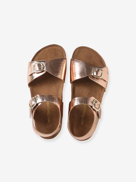 Leather sandals with double buckles gold+pale pink 