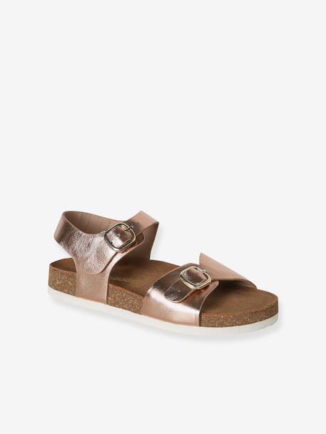 Leather sandals with double buckles gold+pale pink 