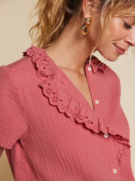 Women's frilled gauze blouse old rose 