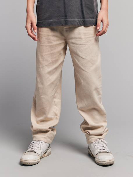 Boy's cotton and linen twill trousers with adjustable waist ecru 