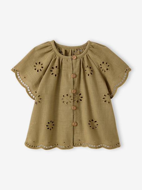 Short-sleeved embroidery blouse khaki 