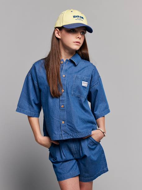 Lightweight denim girl's shirt and short set medium blue 