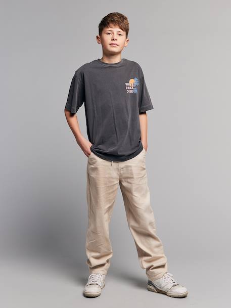 Boy's cotton and linen twill trousers with adjustable waist ecru 