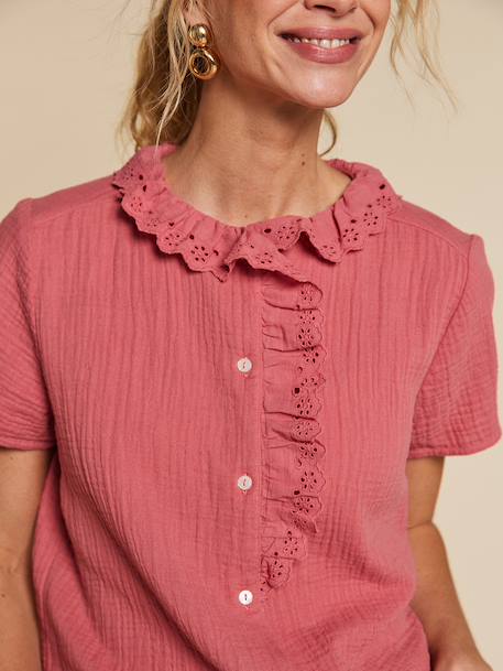 Women's frilled gauze blouse old rose 